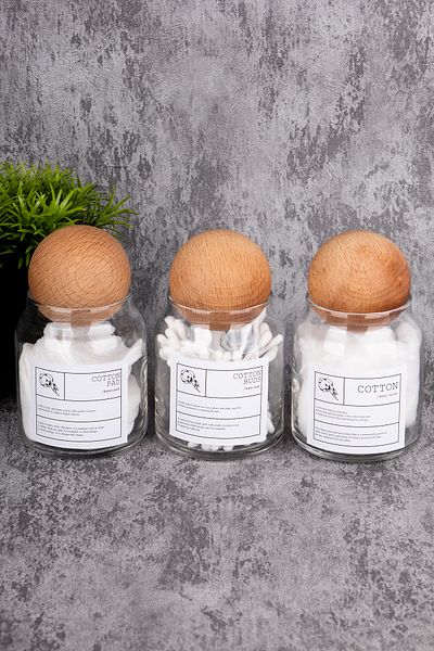 MODA OZY 300ml Βαμβακερό γυάλινο βάζο 3 τεμαχίων με καπάκι και ετικέτα οργάνωσης μπάνιου