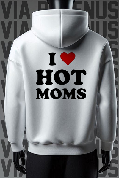 Vordevia I Love Hot Moms - Φούτερ με φαρδιά εφαρμογή με λευκή κουκούλα με 3 ν...