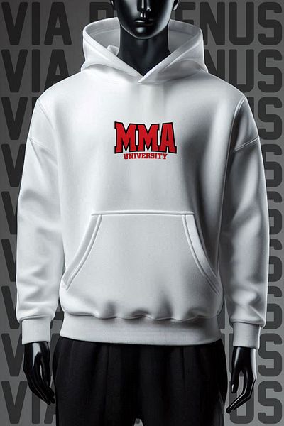 Vordevia Mma University White Hooded Sweatshirt - 3 Thread, Wide Fit, Front and Back Print