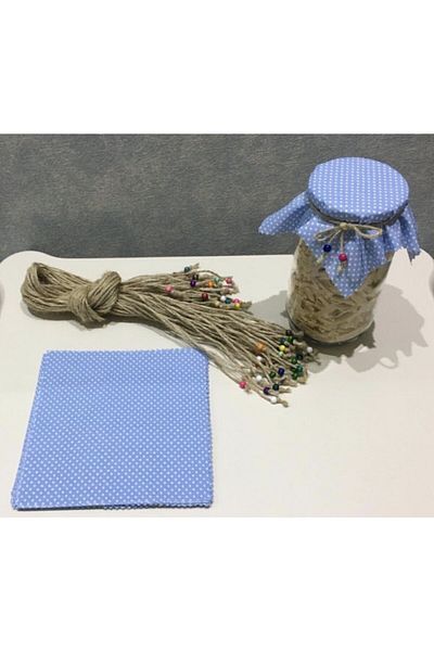 El Emeği 25 Pieces of Polka Dot Light Blue Jar Lid Fabric (cover) and Beaded Binding Rope