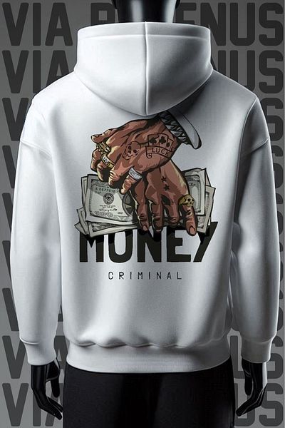 Vordevia Φούτερ Money Criminal 3 Thread Λευκή κουκούλα - Εκτύπωση στο μπροστινό και πίσω μέρος