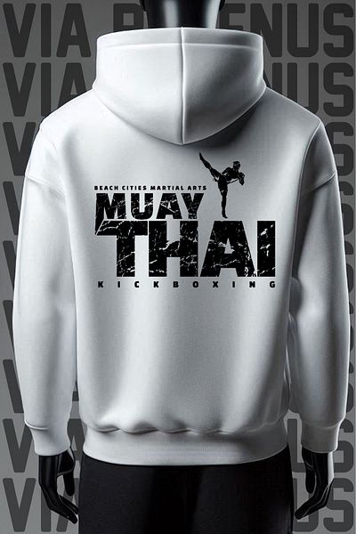Vordevia Φούτερ με λευκή κουκούλα με σχέδιο Muay Thai - 3 νήματα, φαρδιά εφαρμογή