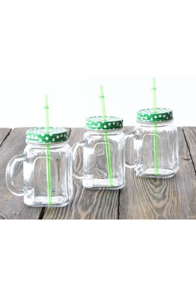 Paşabahçe Green Metal Lid with Straw and Handle Jar Cup 3 Pieces Fma03281