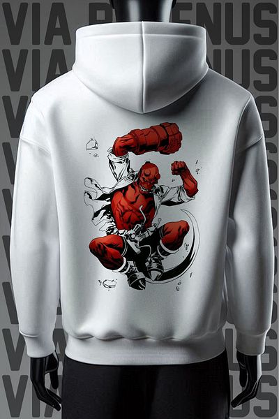 Vordevia Φούτερ HellBoy 3 νήματα με λευκή κουκούλα φαρδιά εφαρμογή - Μπροστά και πίσω εμπριμέ