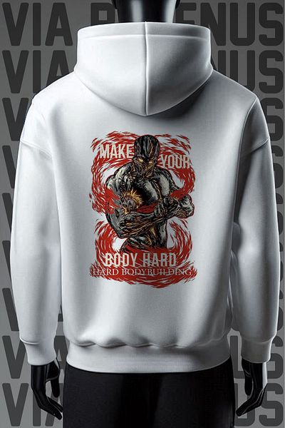 Vordevia White Hooded - 3 Thread Wide Fit Gym Body Building Sweatshirt, Front and Back Printed