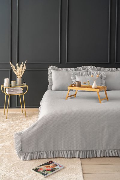 Odamoda Eva Gray Pique Bed Cover Set - Cotton and Frilly, Single, Stylish Box and Pack
