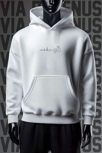 Vordevia Rhythm Printed 3 Thread Wide Fit White Hooded Sweatshirt