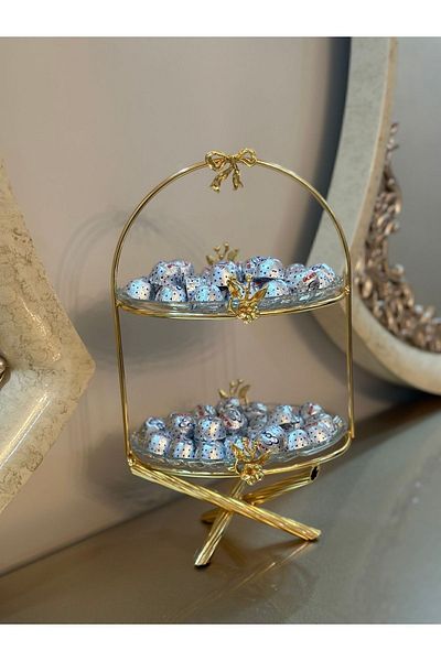 Kardelen Kristal Two-Tier Gold Presentation Serving Dishes