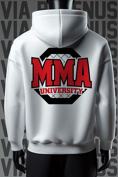 Vordevia Mma University White Hooded Sweatshirt - 3 Thread, Wide Fit, Front and Back Print