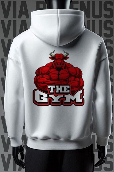 Vordevia Hanorac alb cu glugă The Gym 3 Thread - Imprimat pe față și pe spate, potrivire largă