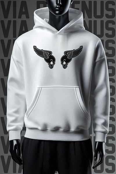 Vordevia Φούτερ Wings Skull 3 νήματα με λευκή κουκούλα φαρδιά εφαρμογή - Μπροστινή και πίσω στάμπα