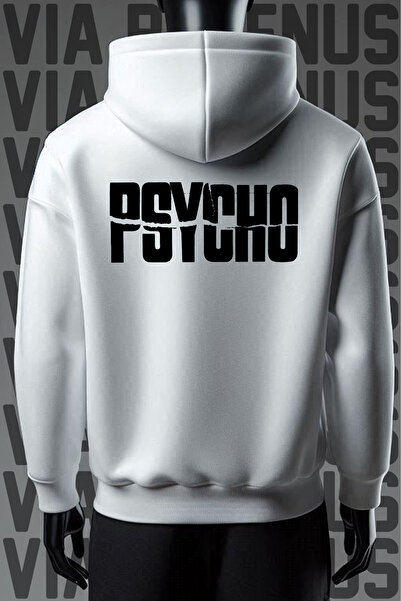 Vordevia Hanorac alb cu glugă, cu imprimeu Psycho în față și în spate, cu 3 fire, cu model larg
