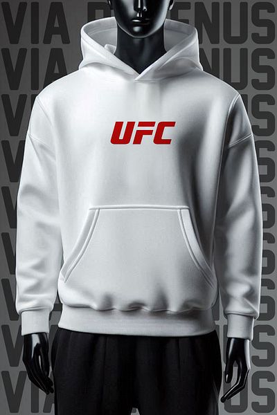 Vordevia Ufc Lattice Printed 3 Thread Wide Fit White Hooded Sweatshirt
