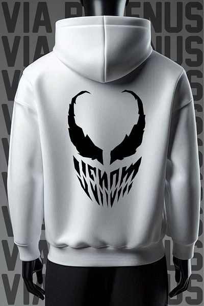 Vordevia Front and Back Printed 3 Thread Wide Fit White Hooded Sweatshirt
