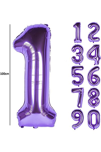 SURPRISE PARTY STORE 1 Rakam Balon Mor Renk Folyo Balon 100cm 40inç Helyum Ba...