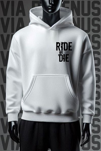 Vordevia Ride or Die - Biker 3 Thread Φούτερ με λευκή κουκούλα με φαρδιά εφαρμογή