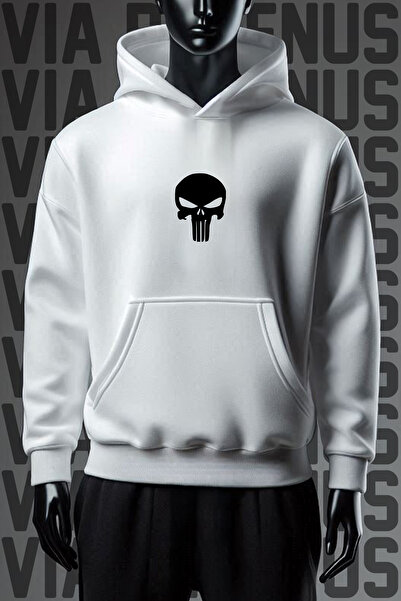 Vordevia Hanorac alb cu glugă, cu imprimeu în față și în spate, cu 3 fire, cu model lat