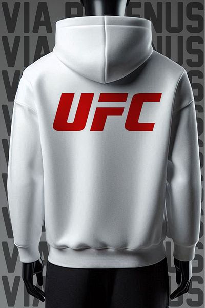 Vordevia Ufc 3 Thread White Hooded Wide Fit Sweatshirt - Front and Back Printed
