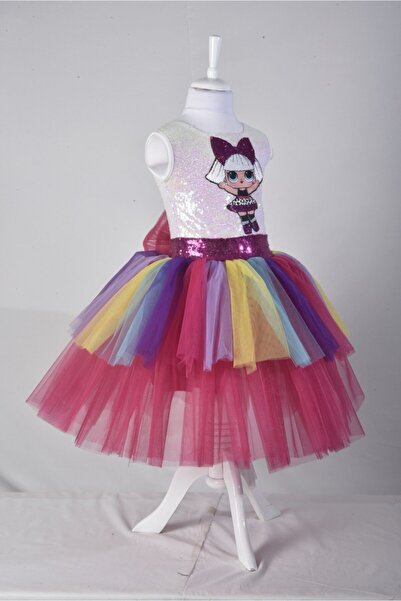 Papatya Kız Çocuk Fuşya Pul İşlemeli Tütülü Elbise