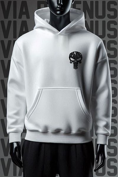 Vordevia Φούτερ Punisher 3 νήματα με λευκή κουκούλα φαρδιά εφαρμογή - Μπροστινή και πίσω στάμπα