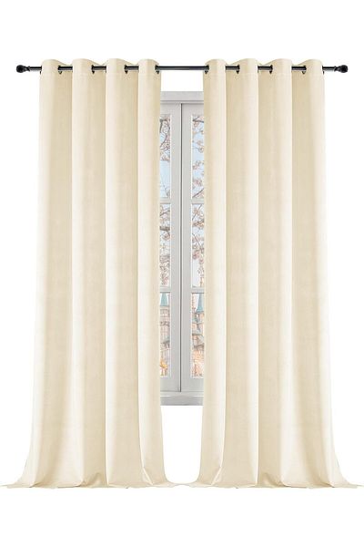 Pyramid Home Velvet Textured Background Curtain - Cream Velvet Textured Soft Rustic Eyelet Close Ring Background Curtain