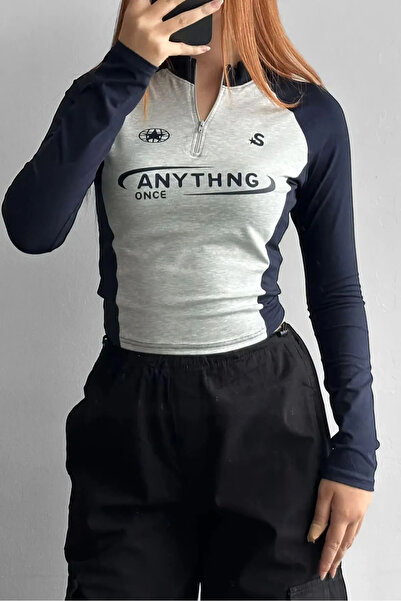 Violon Gri Lacivert Renk Anythng Once Fermuarlı Yaka Crop Body