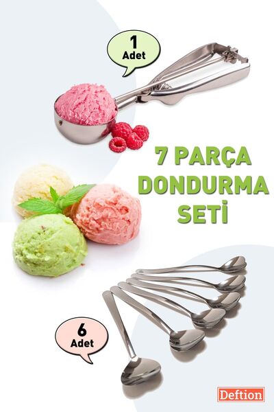 Deftion 7li Çelik Dondurma Seti Bas Bırak Dondurma Koyma Alma Aleti Kaşığı Kepçesi Ve 6 Kalpli Uzun Kaşık