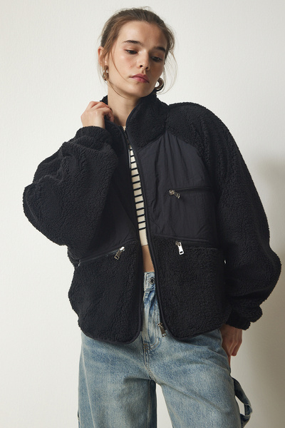 Lovelyİstanbul Fermuarlı Peluş Ceket Mont Siyah Lmc0018