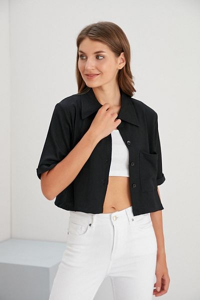 Space Fashion Cămașă cu buzunar cu nasturi din țesătură din twill, neagră, de damă