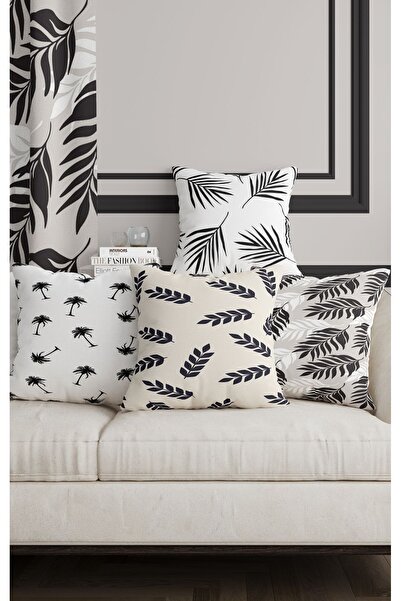ALAMODECOR Culoare albă Fundal Culoare neagră Model cu frunze Față-verso Djital cu imprimeu Husă pentru pernă din 4 piese