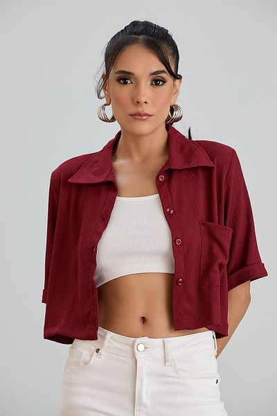 Space Fashion Cămașă Roșu Claret Crop pentru Damă - Țesătură înfășurată, Buzunar cu nasturi