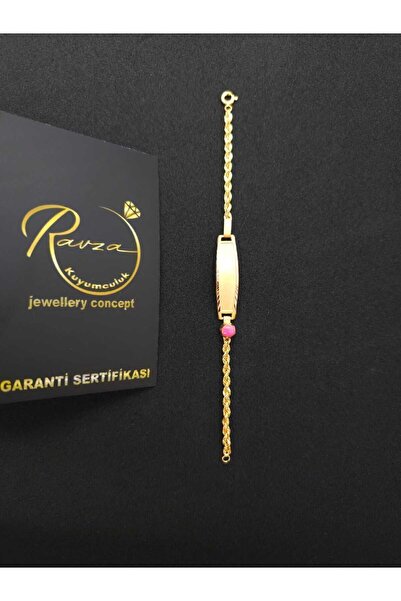 RAVZA KUYUMCULUK Pembe Taşlı Halat Bebek Altın Künye Bileklik 1,55 gram