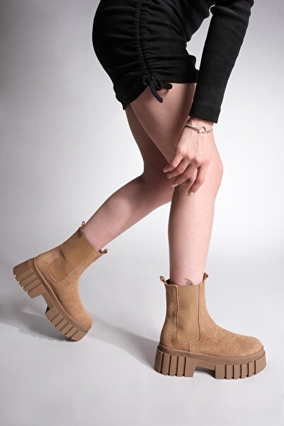 Marjin Dámské denní kozačky s elastickými postranními pásky Silná podrážka Martes Brown Suede