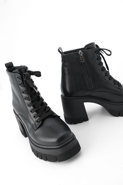 Marjin Women's Lace-Up Zippered Heeled Boots Konis Black