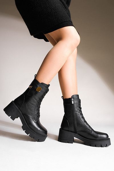 Marjin Women's Genuine Leather Boots Lace Up Zippered Thick Serrated Sole Akle black