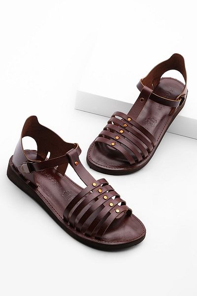 Marjin Women's Genuine Leather Daily Sandals Eva Sole Tecur Red Brown