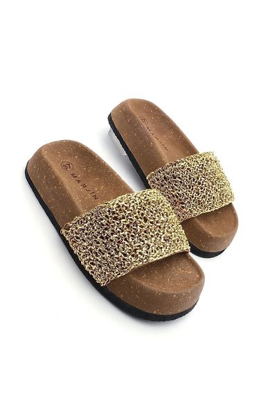 Marjin Handgestrickte Alltags-Hausschuhe mit gemusterter Korksohle für Damen Linta Gold