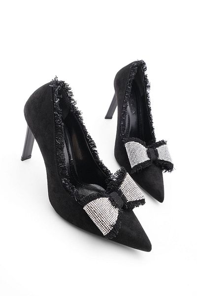 Marjin Women's Stiletto Stone Bow Detail Heeled Runle Black Suede Shoes