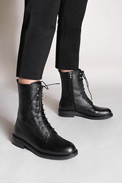 Marjin Γυναικείες μπότες από γνήσιο δέρμα μαύρο με κορδόνια με φερμουάρ