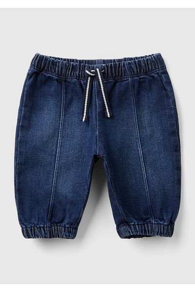 United Colors of Benetton Baby Denim Back Pocket Elastic Waisted Drawstring Denim Pants with Logo Label
