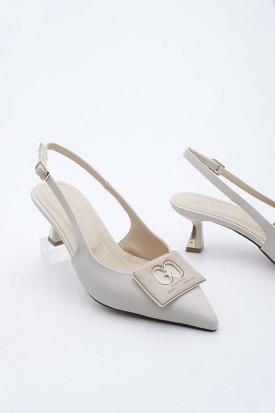 Marjin Women's Pointed Toe Buckle Open Back Classic Heeled Shoes Elka Ecru