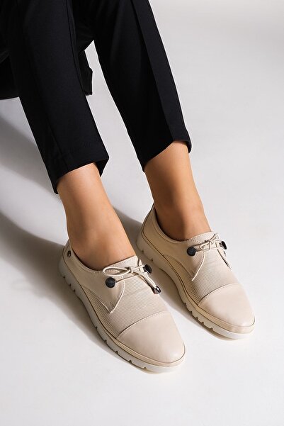 Marjin Women's Genuine Leather Comfort Casual Shoes Lace-up Demas beige