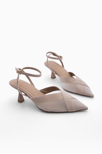 Marjin Women's Pointed Toe Mesh Detail Classic Heeled Shoes Mires Beige