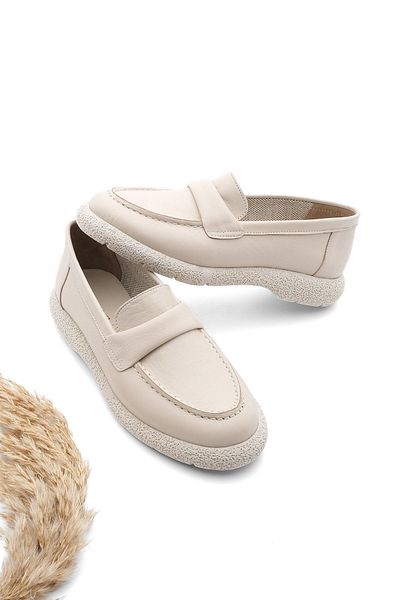 Marjin Women's Genuine Leather Loafer Casual Shoes Rutel Beige