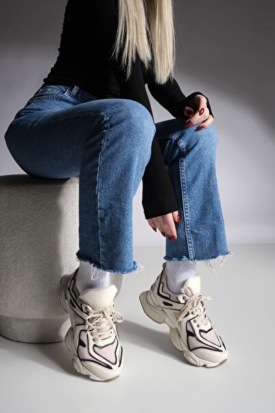 Marjin Women's Sneakers Thick Sole Lace-up Multi-piece Sports Shoes Letes Beige