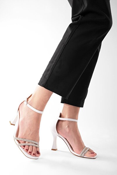 Marjin Women's Stoned Evening Dress Heeled Shoes Blunt Toe Sapro white