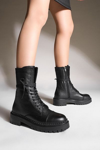 Marjin Γυναικείες μπότες από γνήσιο δέρμα Lace Up με φερμουάρ και οδοντωτή σόλα Mascara Daily Boots Viscose Black