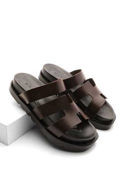 Marjin Γυναικείες παντόφλες casual από γνήσιο δέρμα - Μονό λουράκι, καφέ Belvin