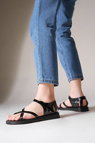 Marjin Dámské sandály na denní nošení z pravé kůže Eva Sole Žabky Rodya Black