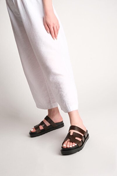 Marjin Γυναικείες παντόφλες casual από γνήσιο δέρμα - Μονό λουράκι, καφέ Belvin